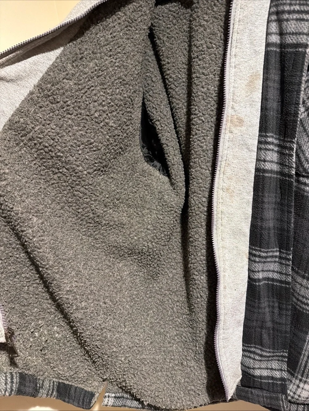 Men's Black & Gray Plaid Layered Shirt Jacket with Gray Zip Hoodie Liner